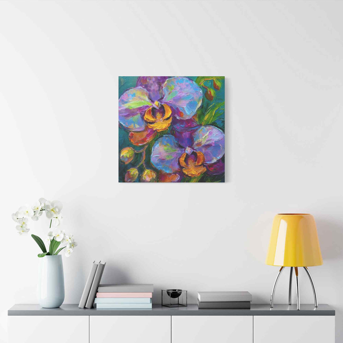 Blue Orchids Print Canvas, Floral Oil Paint Print 20x20, 24x24, 30x30, 32x32, 36x36 Art Design Pine-Wood Inner Frame MC-133