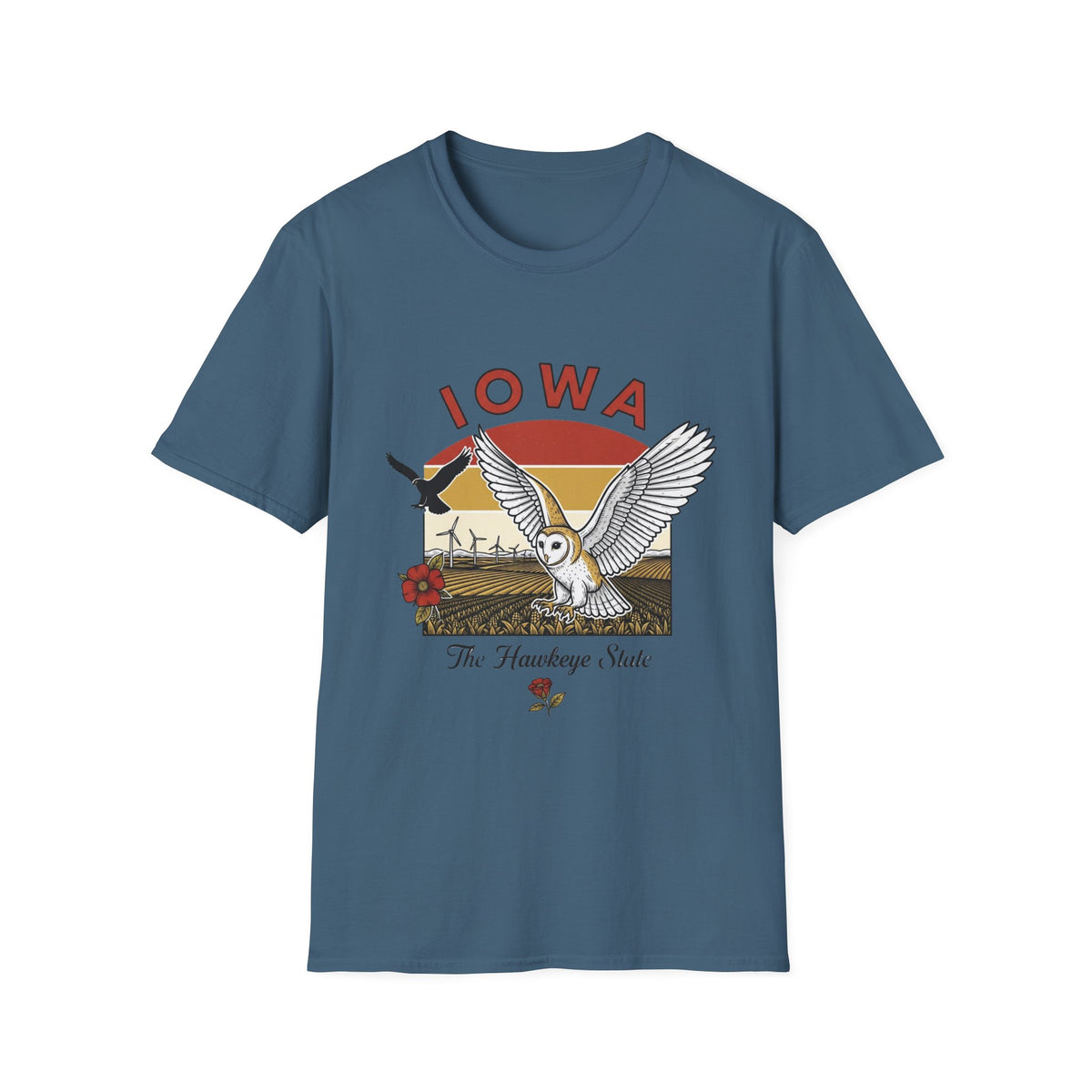 Iowa Barn Owl Tee — The Hawkeye State Vintage Sunset Tee Travel Tourist Graphic Design Unisex 100 Cotton Gildan T-Shirt