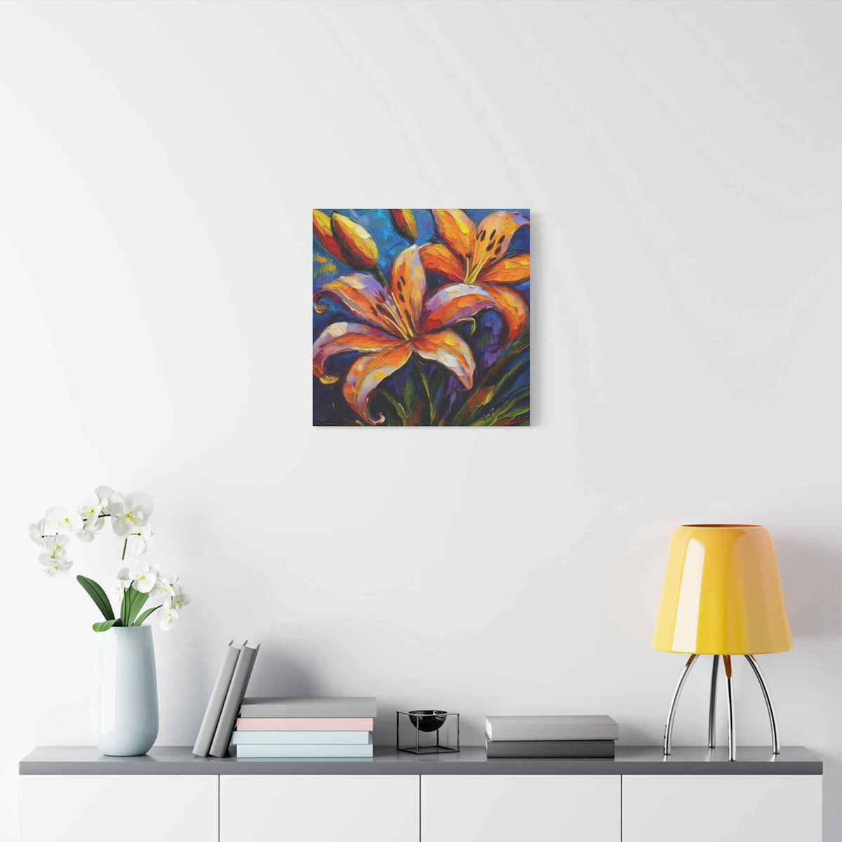 Gold Lilies Print Canvas, Floral Oil Paint Print 20x20, 24x24, 30x30, 32x32, 36x36 Art Design Pine-Wood Inner Frame MC-151