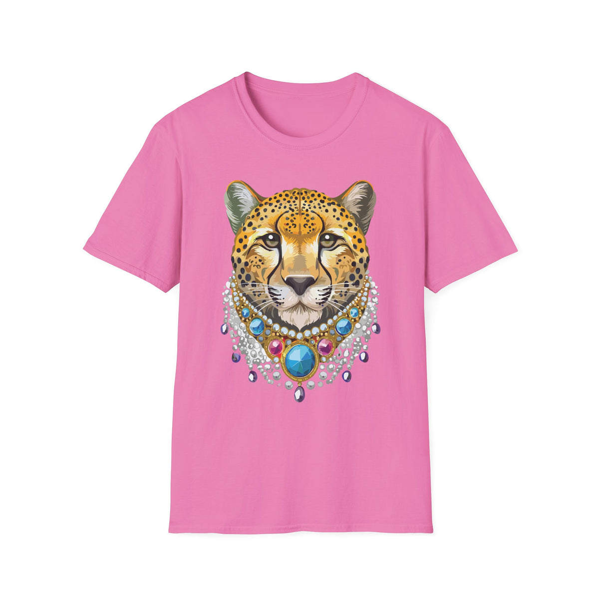 Leopard Portrait T-Shirt | Detailed Cheetah Face with Gem Necklace