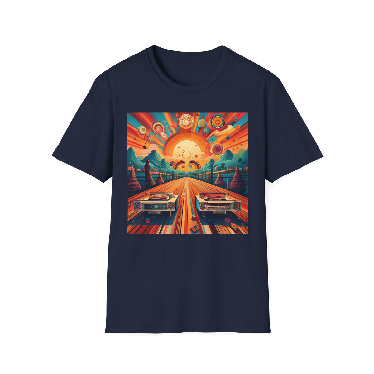 Retro Sunburst Road Trip Graphic Posters, Post Stamps Design Unisex 100 Cotton Gildan T-Shirt