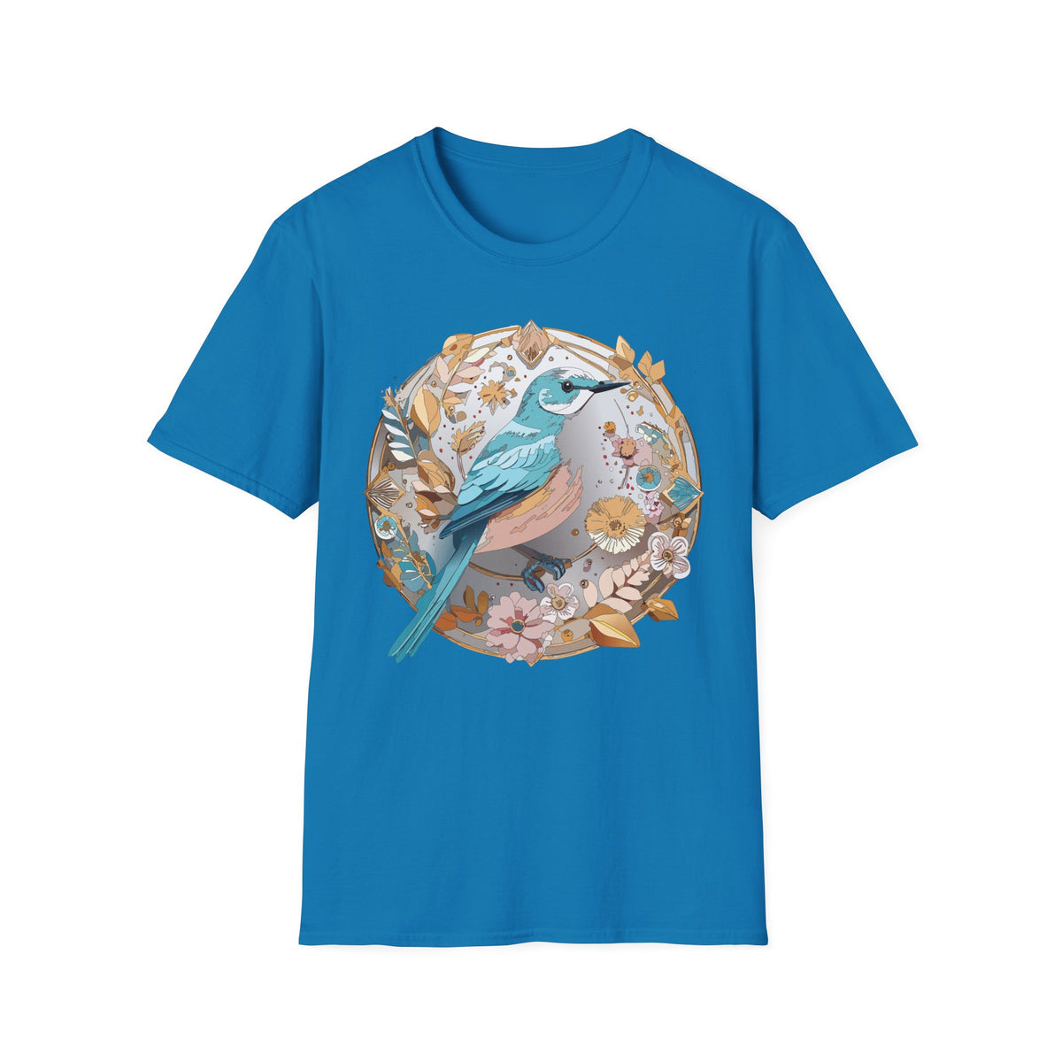 Blue Bird Floral Wreath T-Shirt | Botanical Bird Illustration