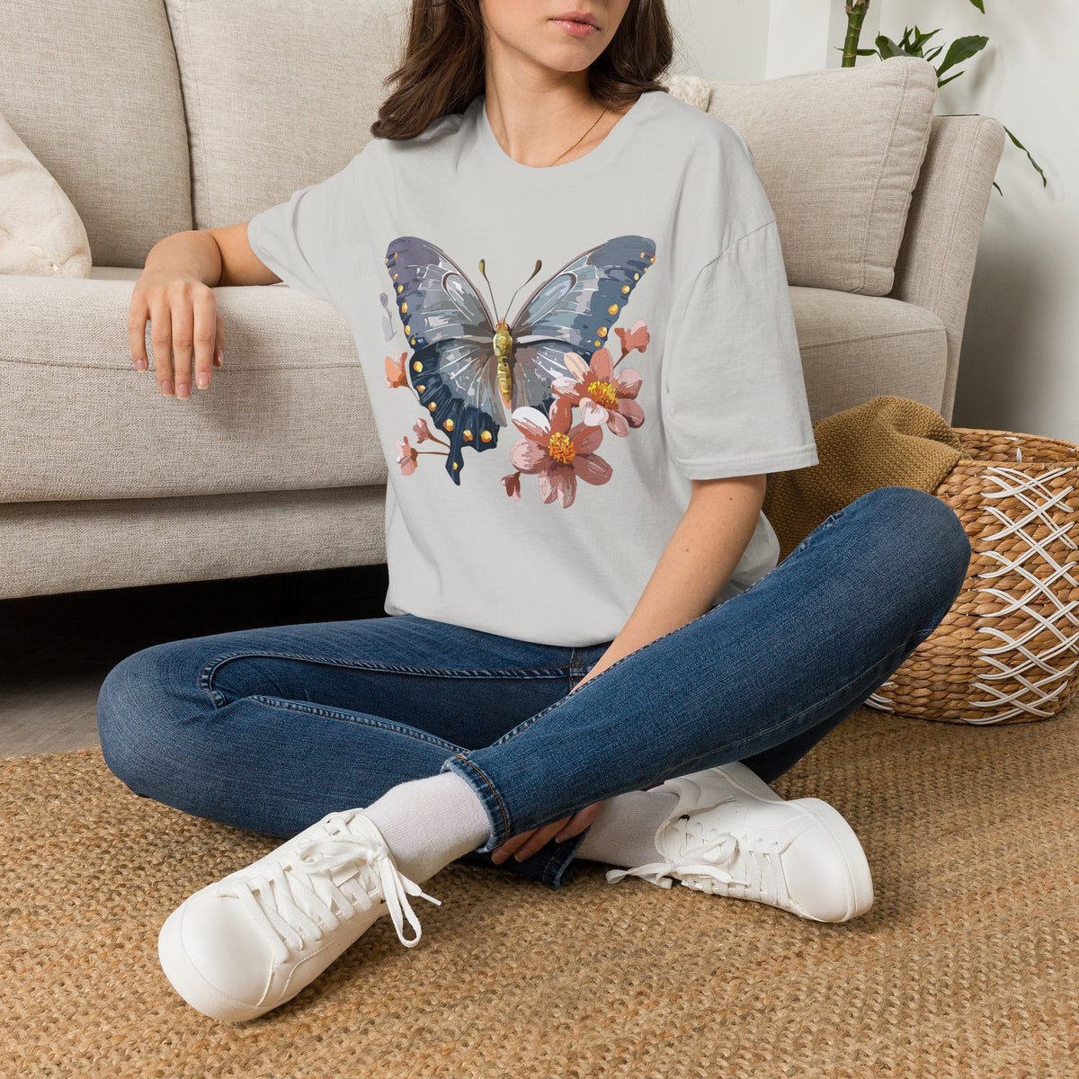 Butterfly and Floral Botanical Graphic Design Unisex 100 Cotton Gildan T-Shirt