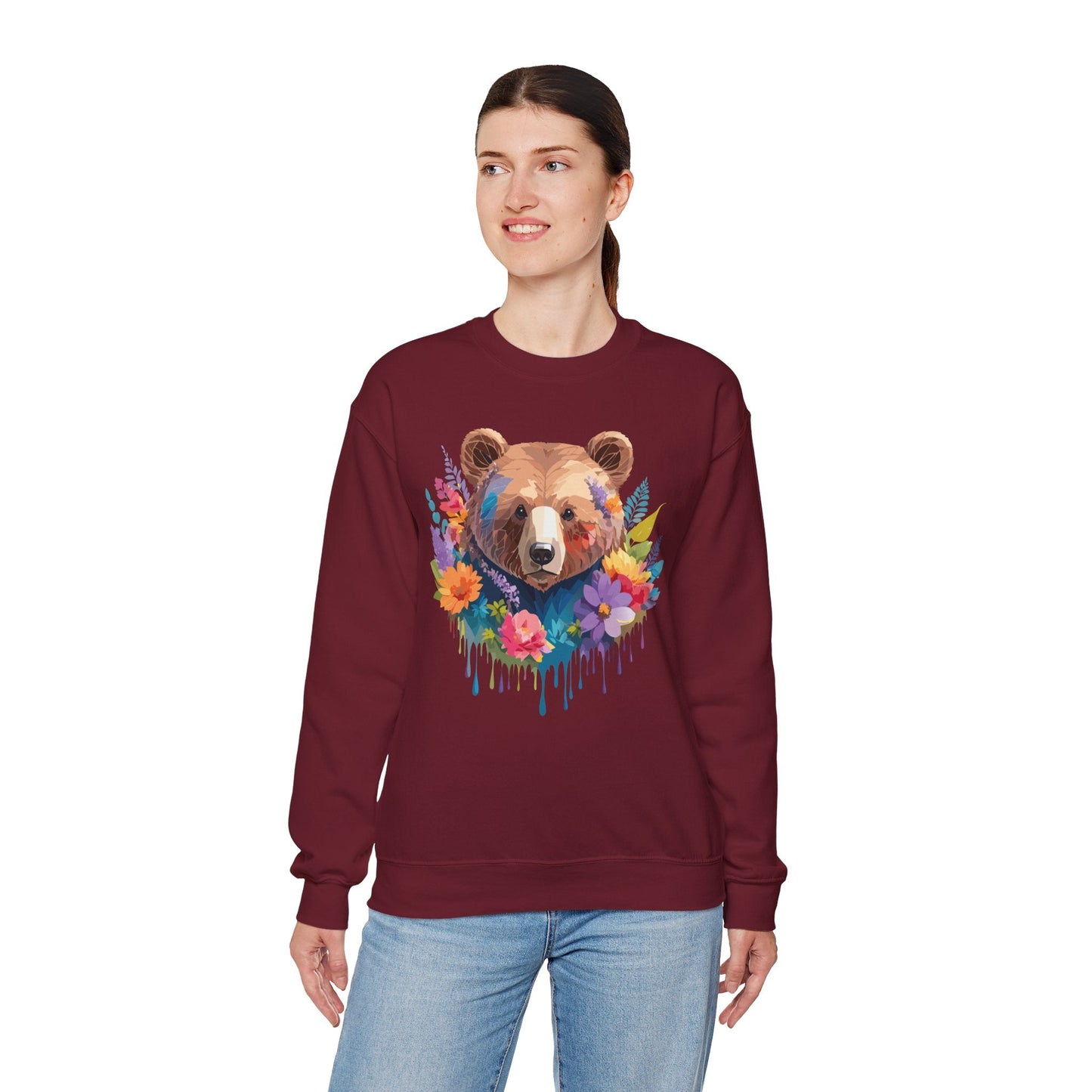 Unisex Floral Bear Sweatshirt Art Design Animals Gildan 18000 Crewneck