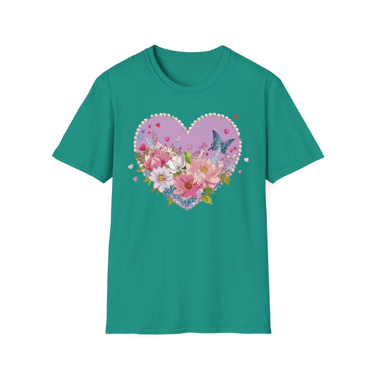 Floral Heart with Butterfly T-Shirt | Pink Flower Bouquet Tee