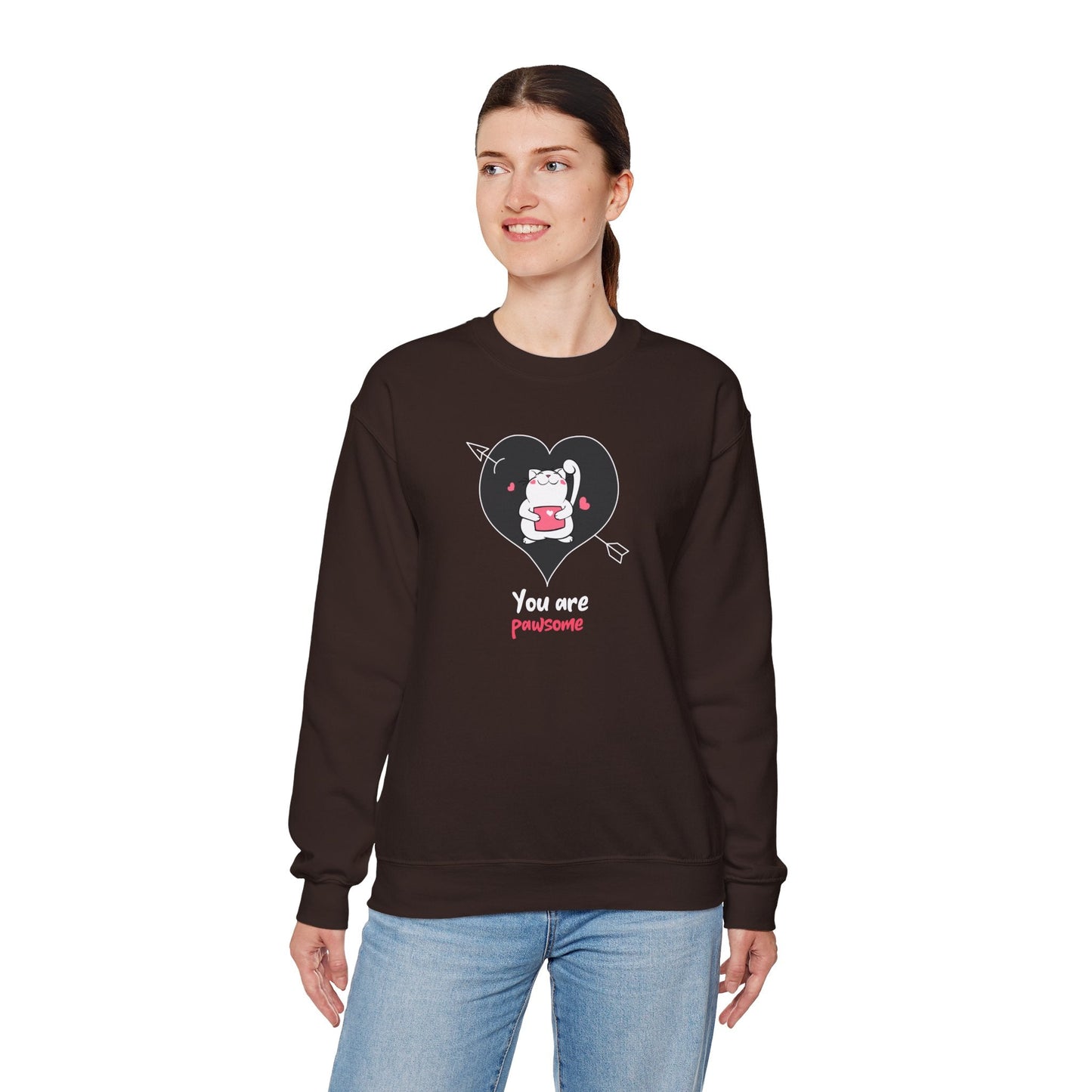 Cat Heart Sweatshirt Unisex Valentines Day Fifty Fifty Cotton Poly Crewneck Gildan 18000