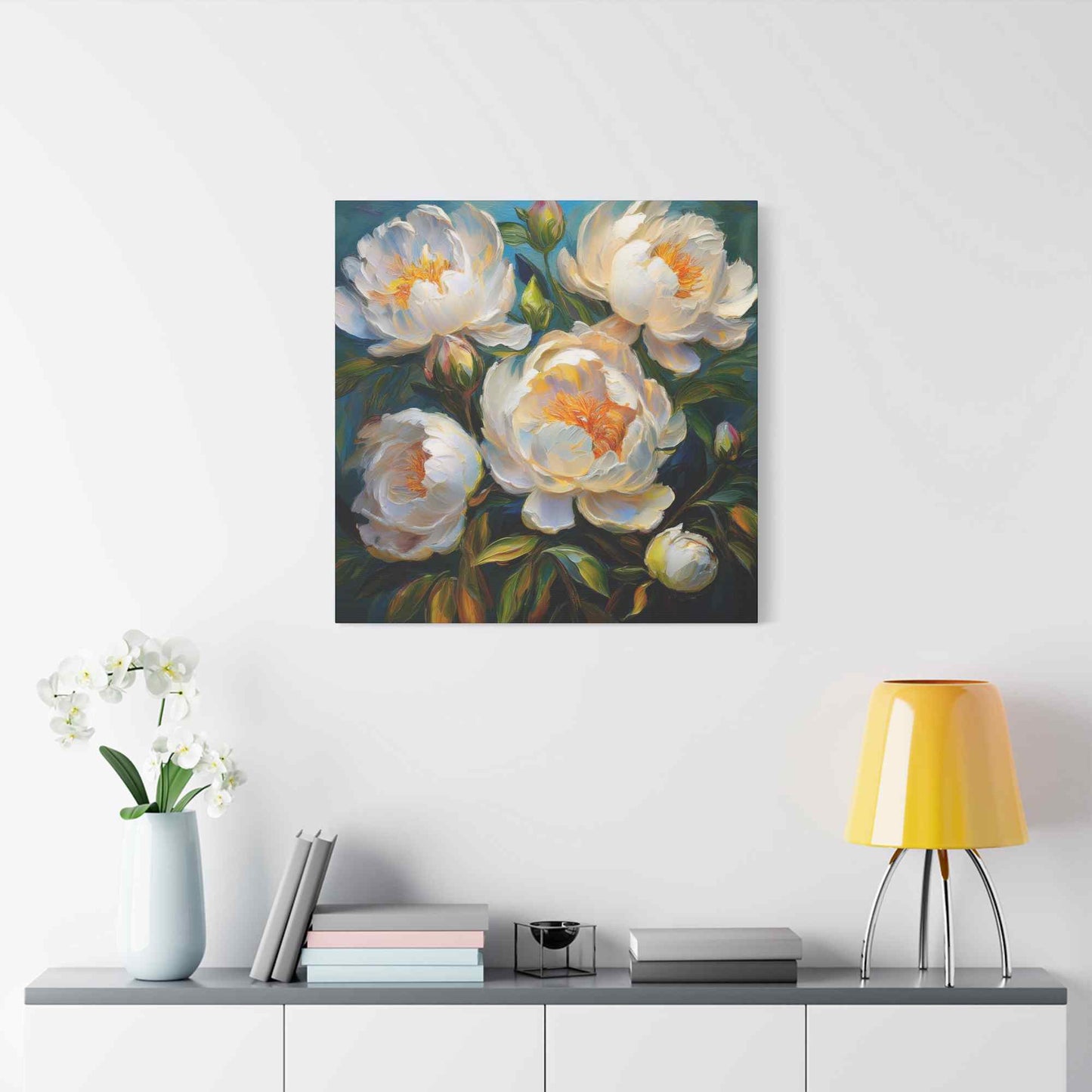 White Peonies Print Canvas, Floral Oil Paint Print 20x20, 24x24, 30x30, 32x32, 36x36 Art Design Pine-Wood Inner Frame MC-118