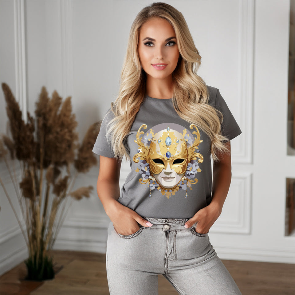 Carnival Mask Graphic T-Shirt Unisex 100 Cotton With Antique Gold Art Design Tee 6