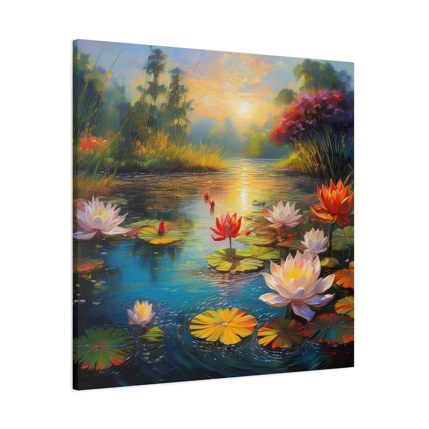 Water Lilies Print Canvas, Oil Paint Print 20x20, 24x24, 30x30, 32x32, 36x36 Floral Art Print Pine-Wood Inner Frame MC-67