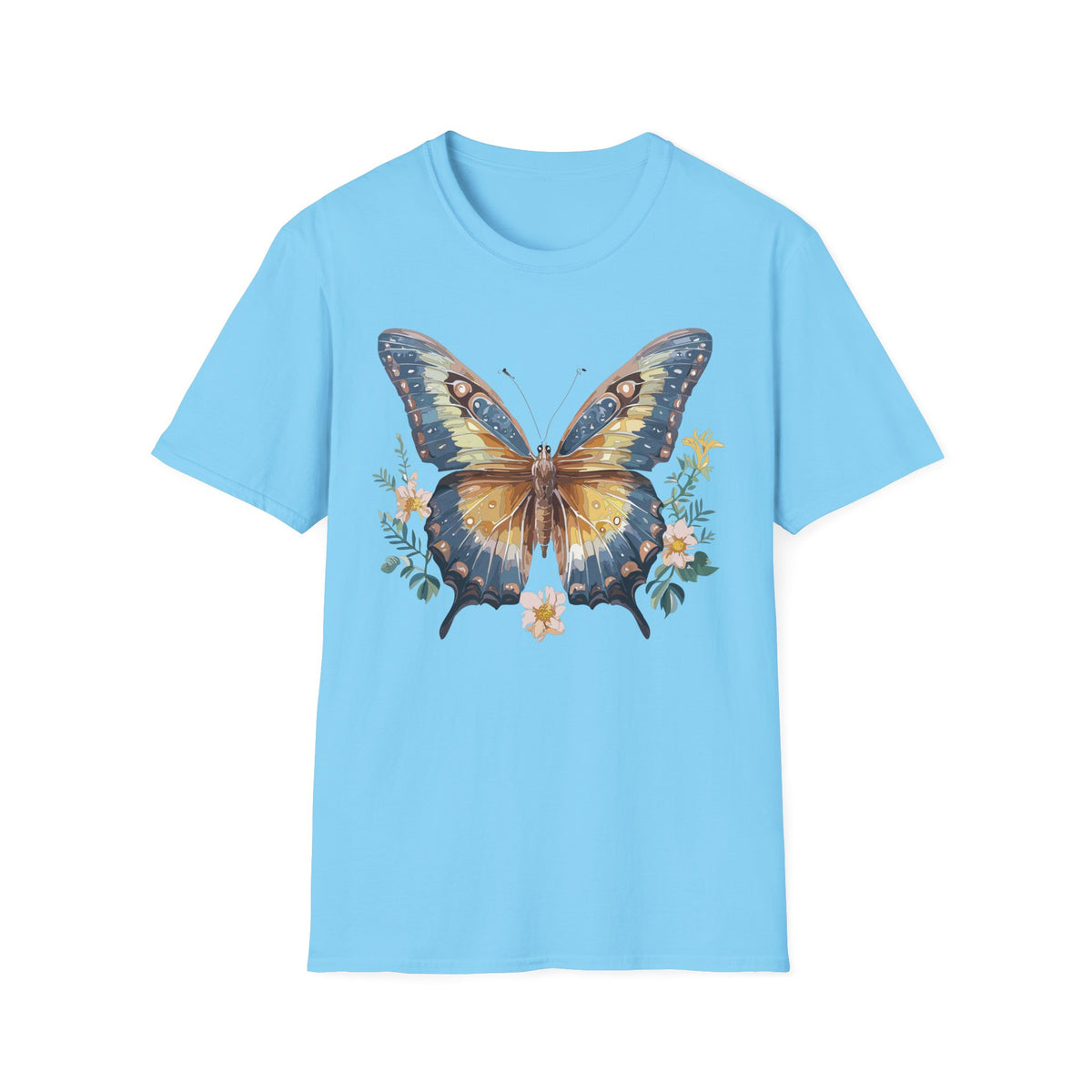 Golden Blue Butterfly T-Shirt | Botanical Accent Graphic Tee Unisex 100 Cotton Gildan T-Shirt