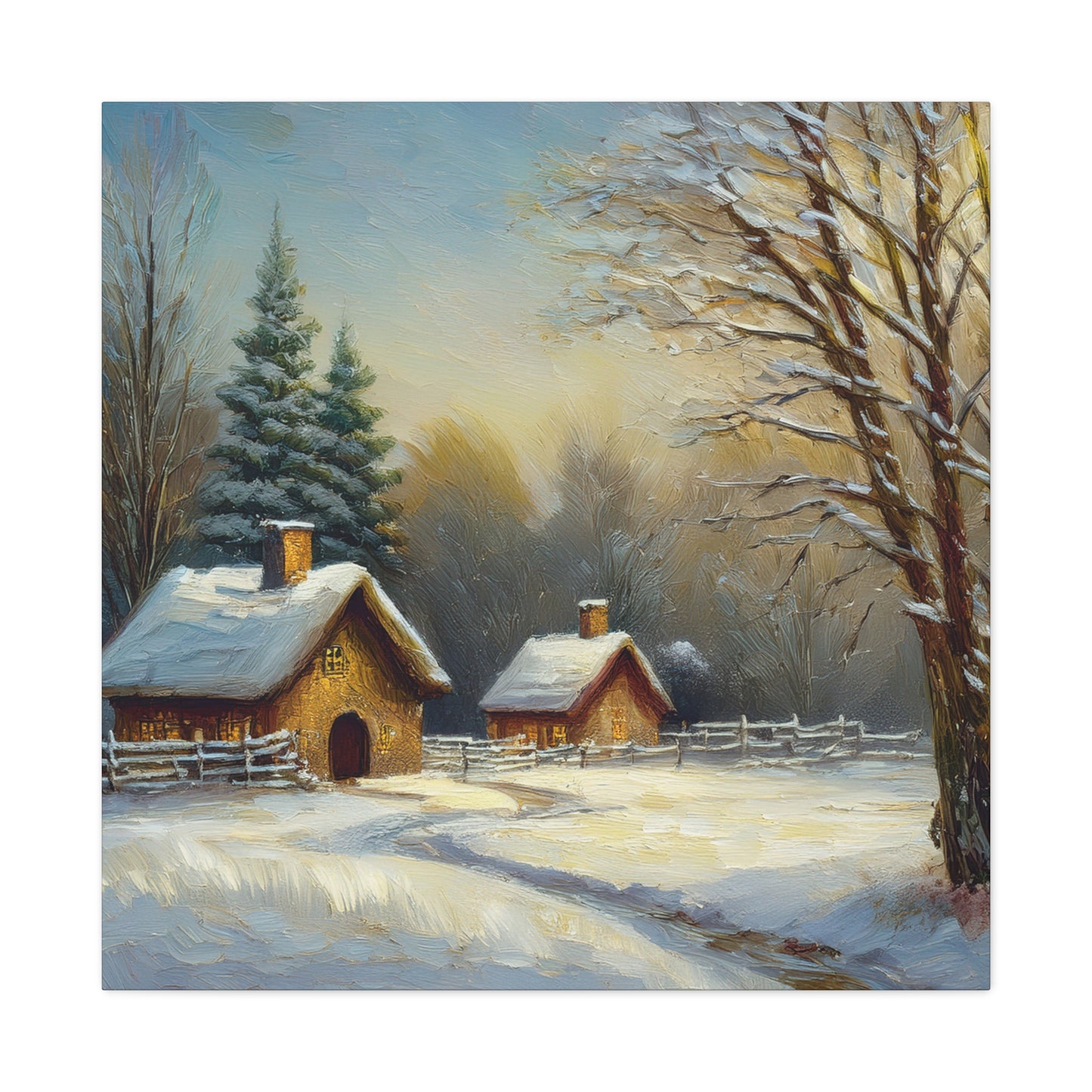 Countryside Winter Print Canvas, Oil Paint Print 20x20, 24x24, 30x30, 32x32, 36x36 Art Design Pine-Wood Inner Frame MC-113