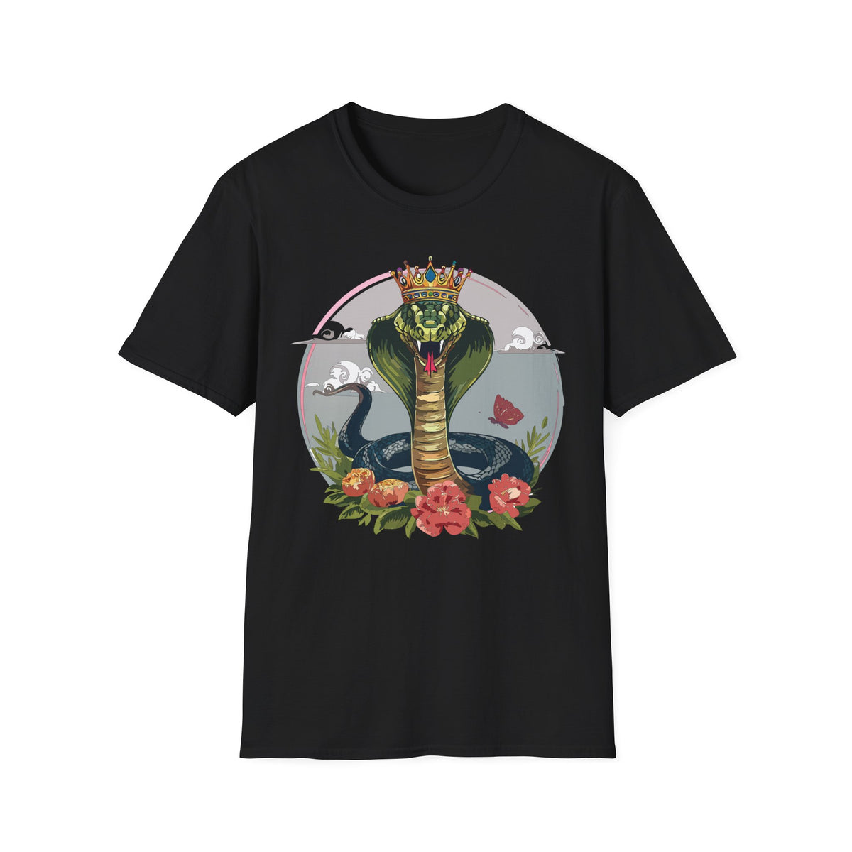 Crowned King Cobra T-Shirt | Snake Illustration, Floral Accent