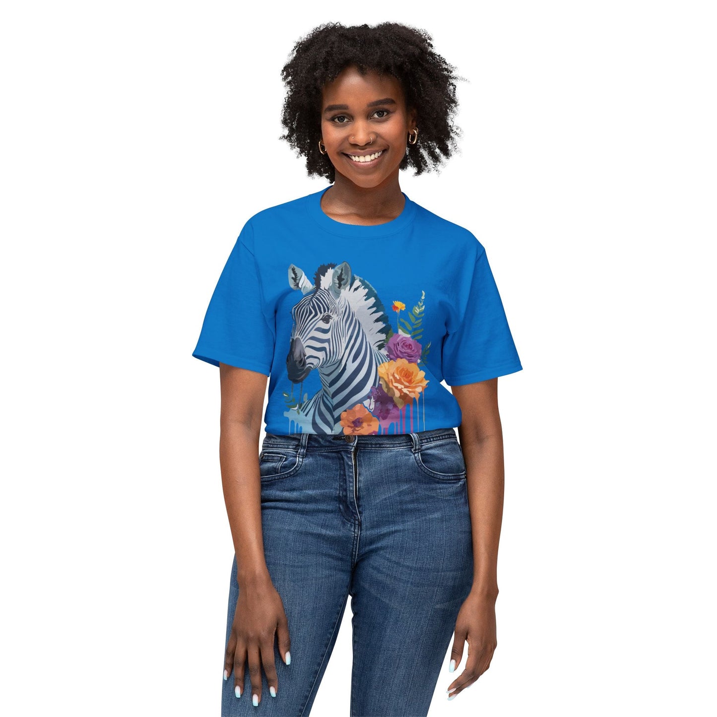 Unisex Zebra T Shirt With Floral Art Print Premium HD Cotton Jersey Tee Made In USA