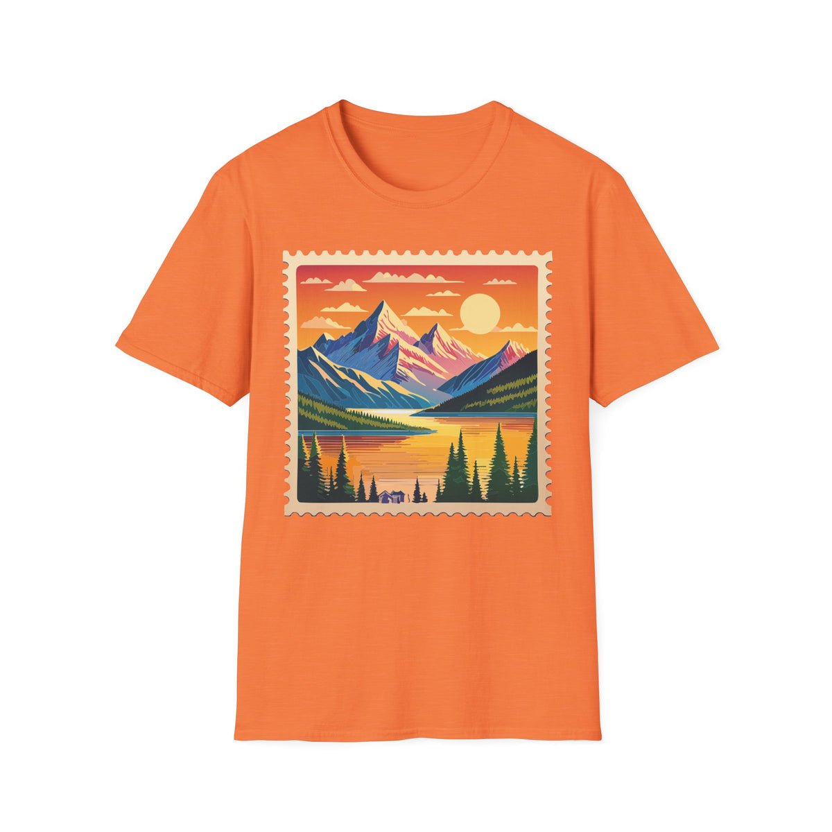 Sunset Mountain Landscape T-Shirt | Vintage Stamp Style