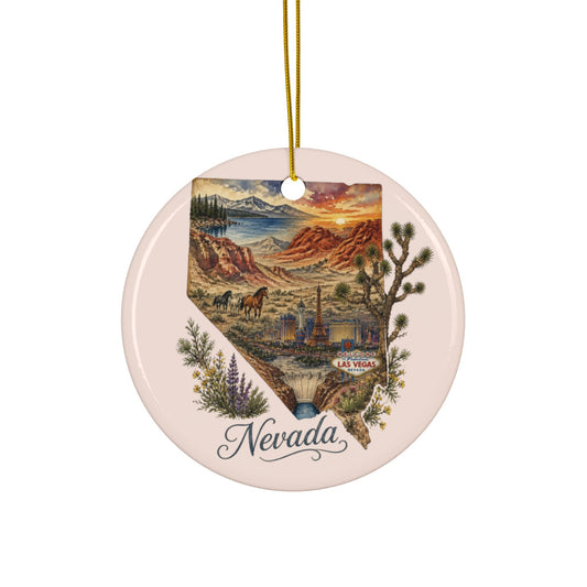 Nevada Scenic State Map Ornament ceramic round, double-sided | Nevada landscape souvenir - 2.99" Includes Gold String