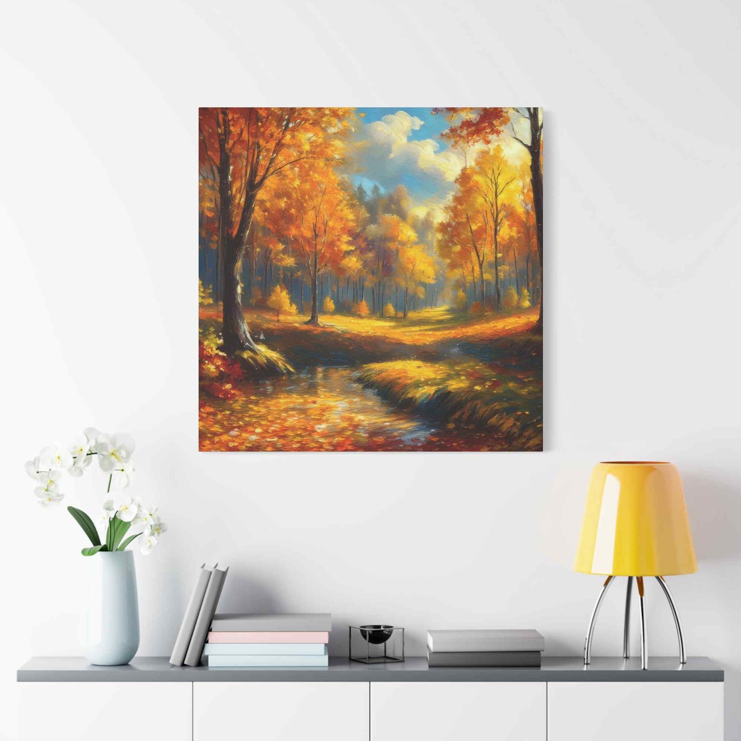Fall Forest Print Canvas, Oil Paint Print 20x20, 24x24, 30x30, 32x32, 36x36 Art Design Canvas Pine-Wood Inner Frame MC-103