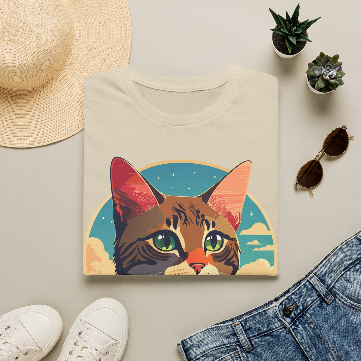 Retro Sunset Tabby Cat T-Shirt | Vintage Cat Portrait, Nautical Sky