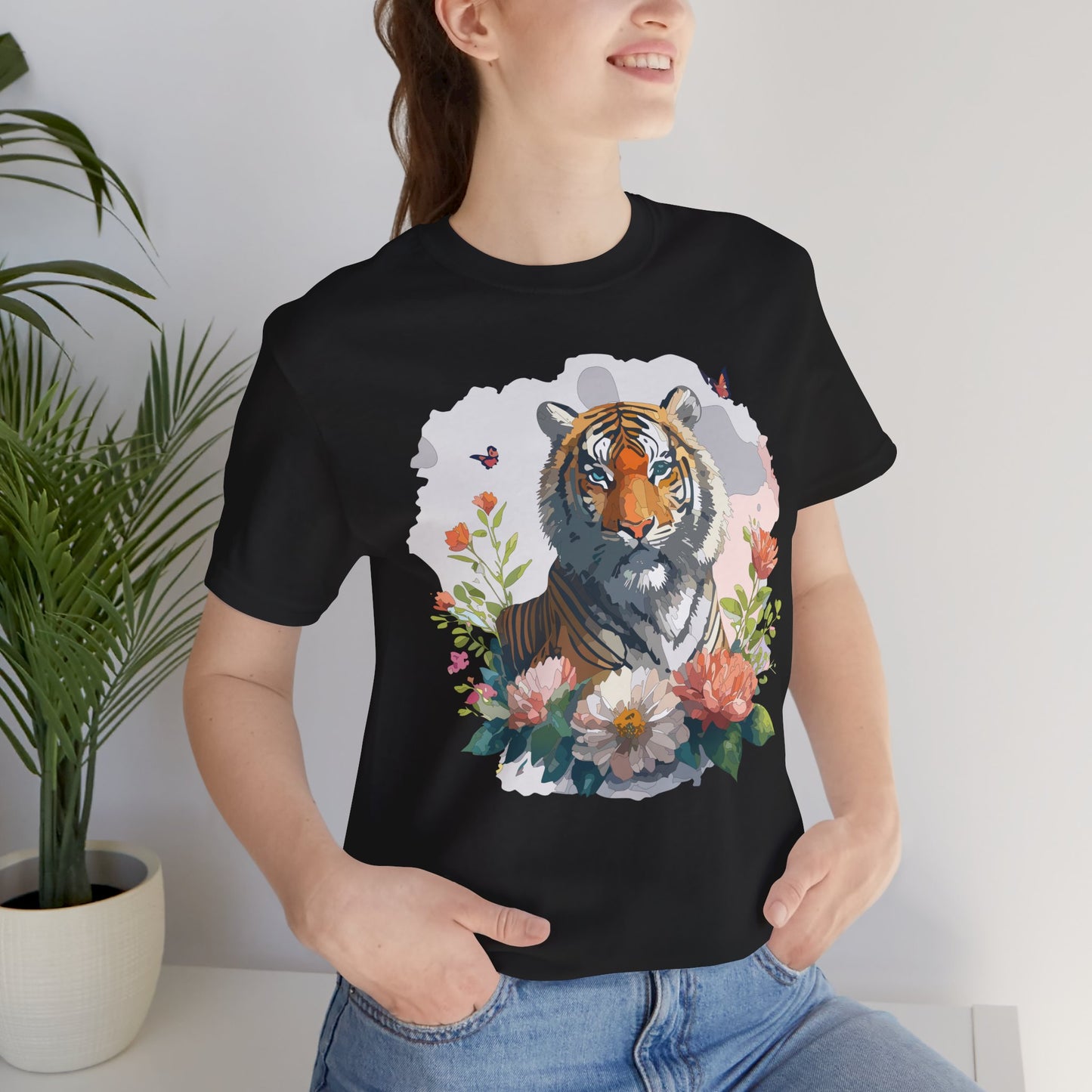 Floral Tiger Graphic Tee, Animal Shirt, Tiger Shirt, Flower Top, T-Shirt with Animal, Art Design