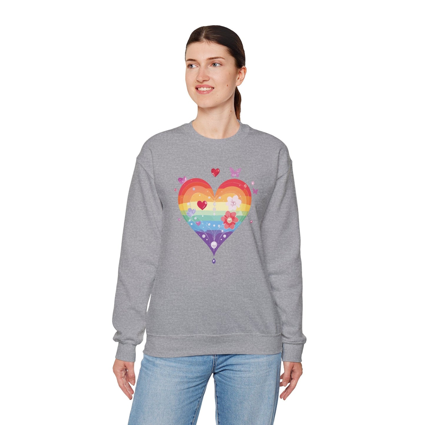 Rainbow Heart Floral Sweatshirt Unisex Valentines Day Graphic Love Sweatshirt Gift Idea