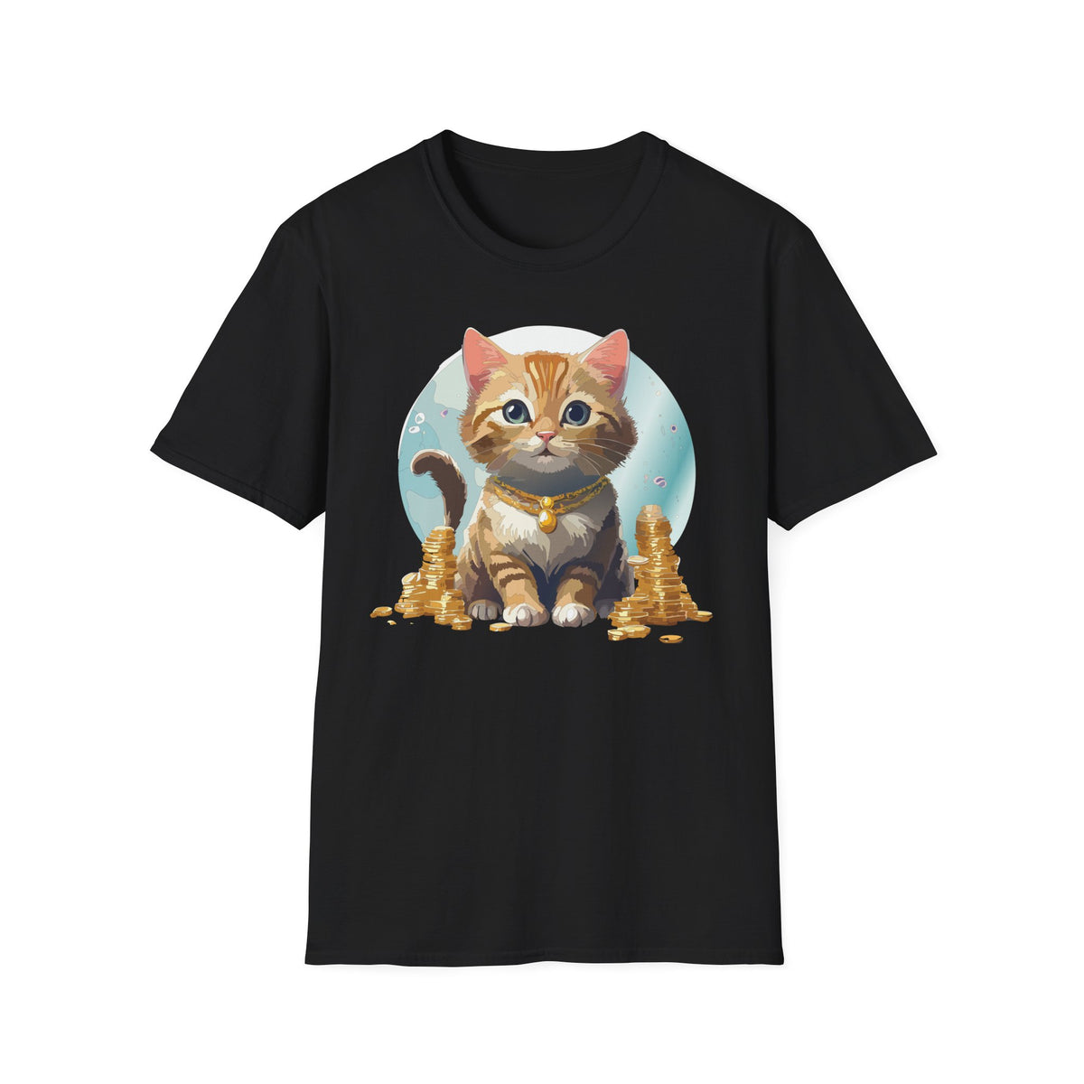 Lucky Cat Illustration T-Shirt | Cute Kitten with Coins