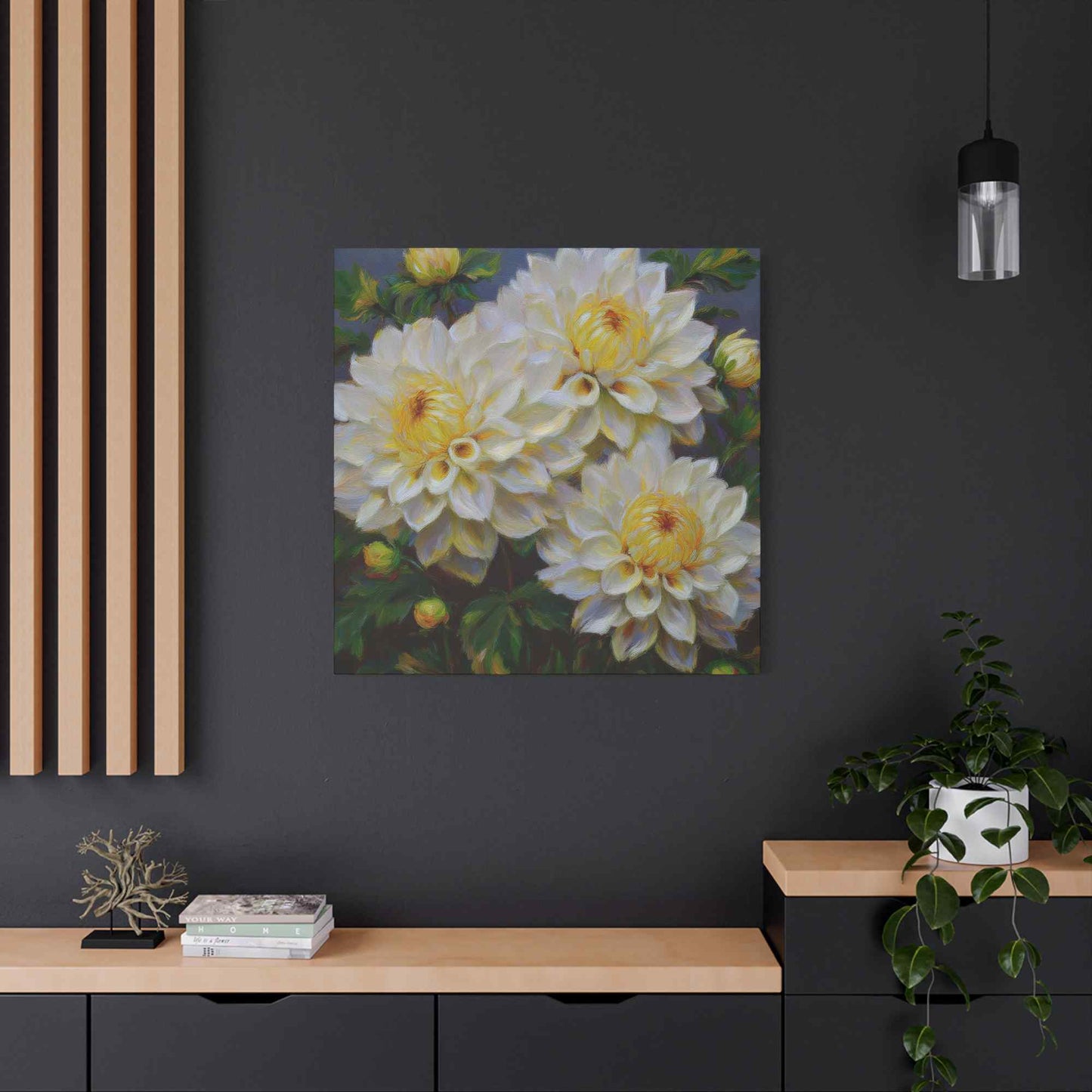 White Dahlias Print Canvas, Floral Oil Paint Print 20x20, 24x24, 30x30, 32x32, 36x36 Art Design Pine-Wood Inner Frame MC-168