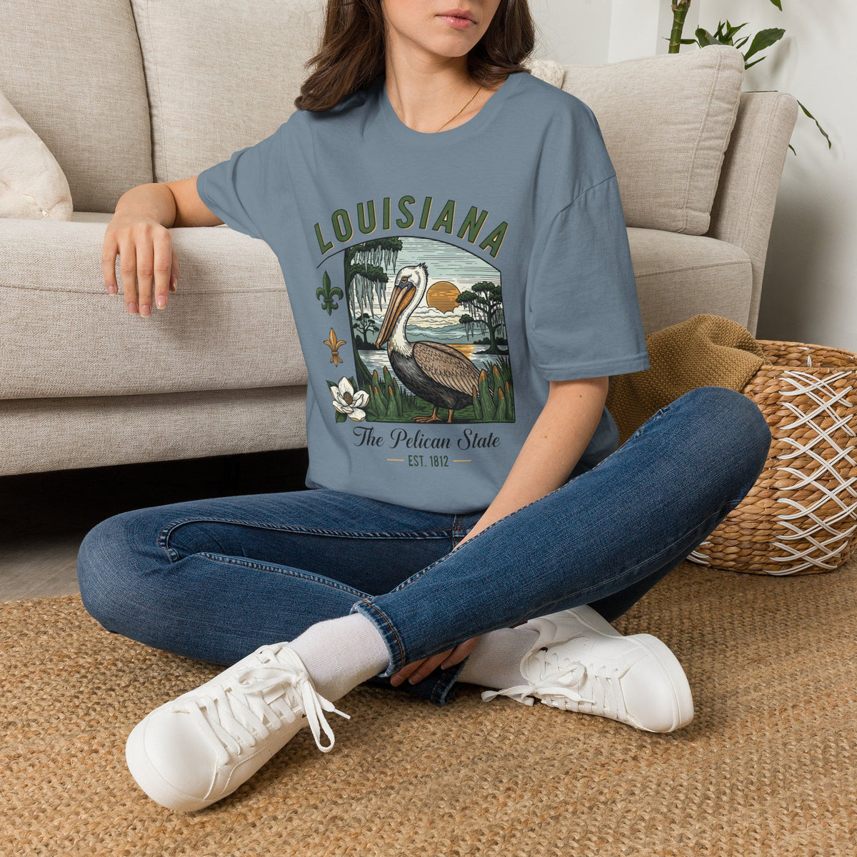 Louisiana Pelican State Graphic T-Shirt — Vintage Bayou Sunset Travel Tourist Graphic Design Unisex 100 Cotton Gildan T-Shirt