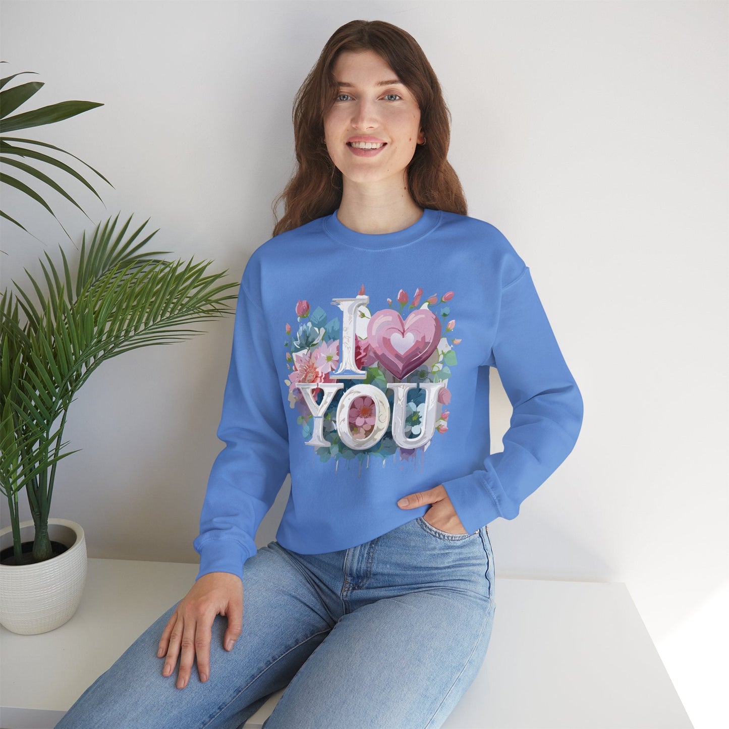 Floral Love Sweatshirt Unisex Valentine Day Flower Print Crewneck Gildan 18000 Cozy