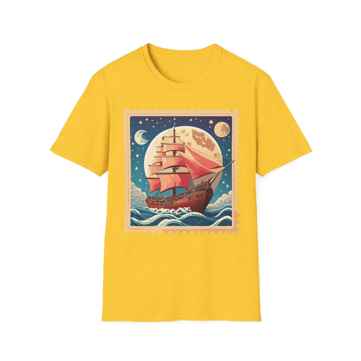 Vintage Sailing Ship Stamp T-Shirt | Moonlit Ocean Illustration