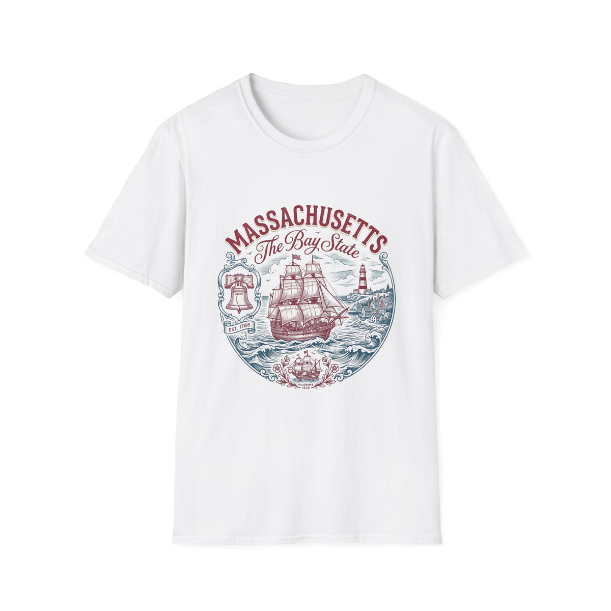 Massachusetts The Bay State T-Shirt – Vintage Nautical Ship Lighthouse Travel Tourist Graphic Design Unisex 100 Cotton Gildan T-Shirt