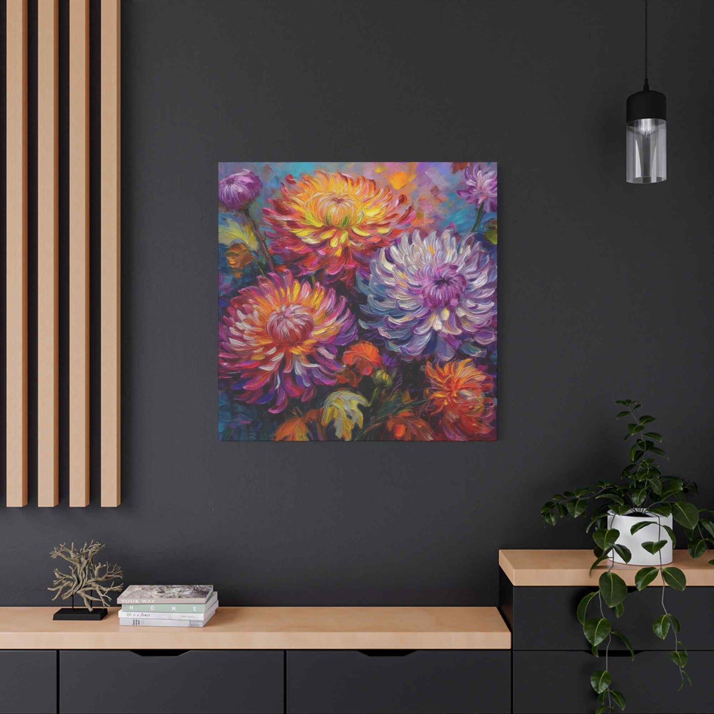 Chrysanthemums Print Canvas, Floral Oil Paint Print 20x20, 24x24, 30x30, 32x32, 36x36 Art Design Pine-Wood Inner Frame MC-158