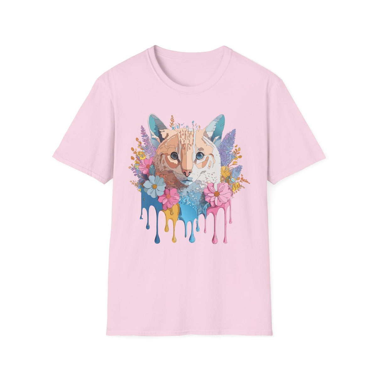 Watercolor Cat Face T-Shirt | Floral Drip Art, Colorful Kitty Tee
