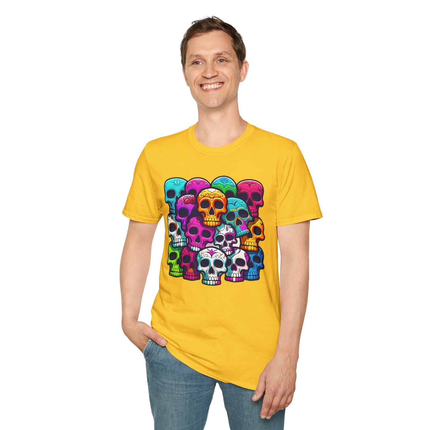 Unisex Skull Tee Shirt With Skeleton Design Gildan Softstyle 64000 100 Percent Ring Spun Cotton
