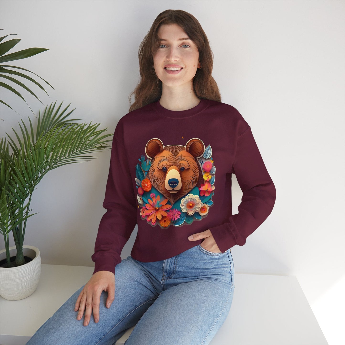 Unisex Floral Bear Sweatshirt Art Design Gildan 18000 Heavy Blend Crewneck