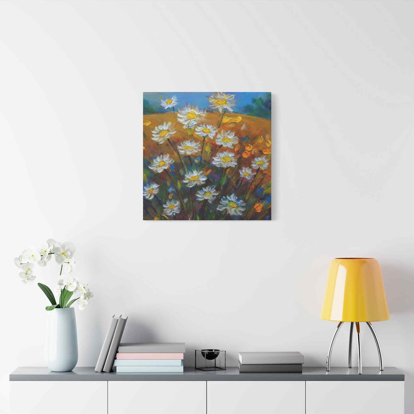 White Daisies Print Canvas, Floral Oil Paint Print 20x20, 24x24, 30x30, 32x32, 36x36 Art Design Pine-Wood Inner Frame MC-126