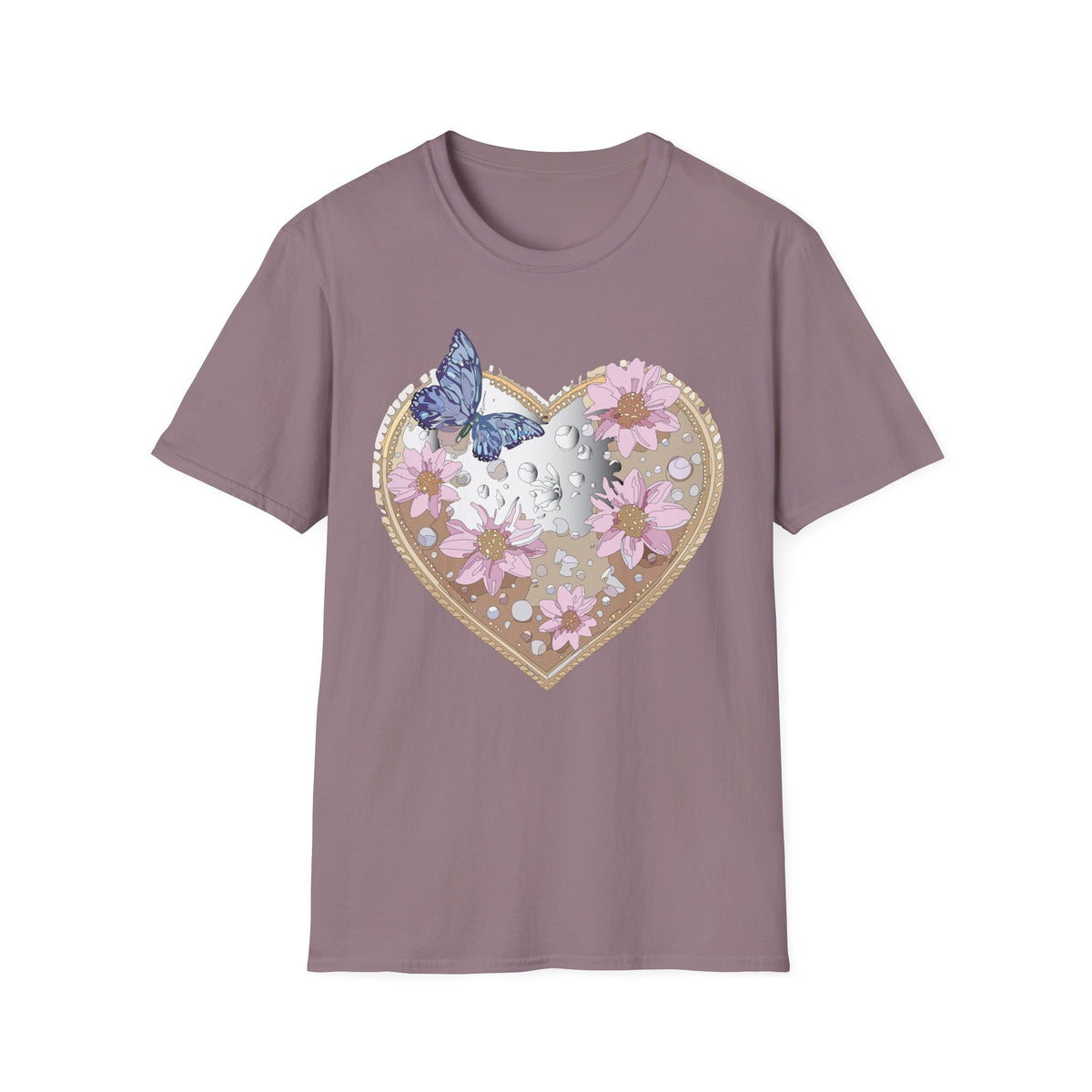 Floral Heart with Butterfly T-Shirt | Pink Flowers, Moon Phases Graphic Tee Unisex 100 Cotton Gildan T-Shirt