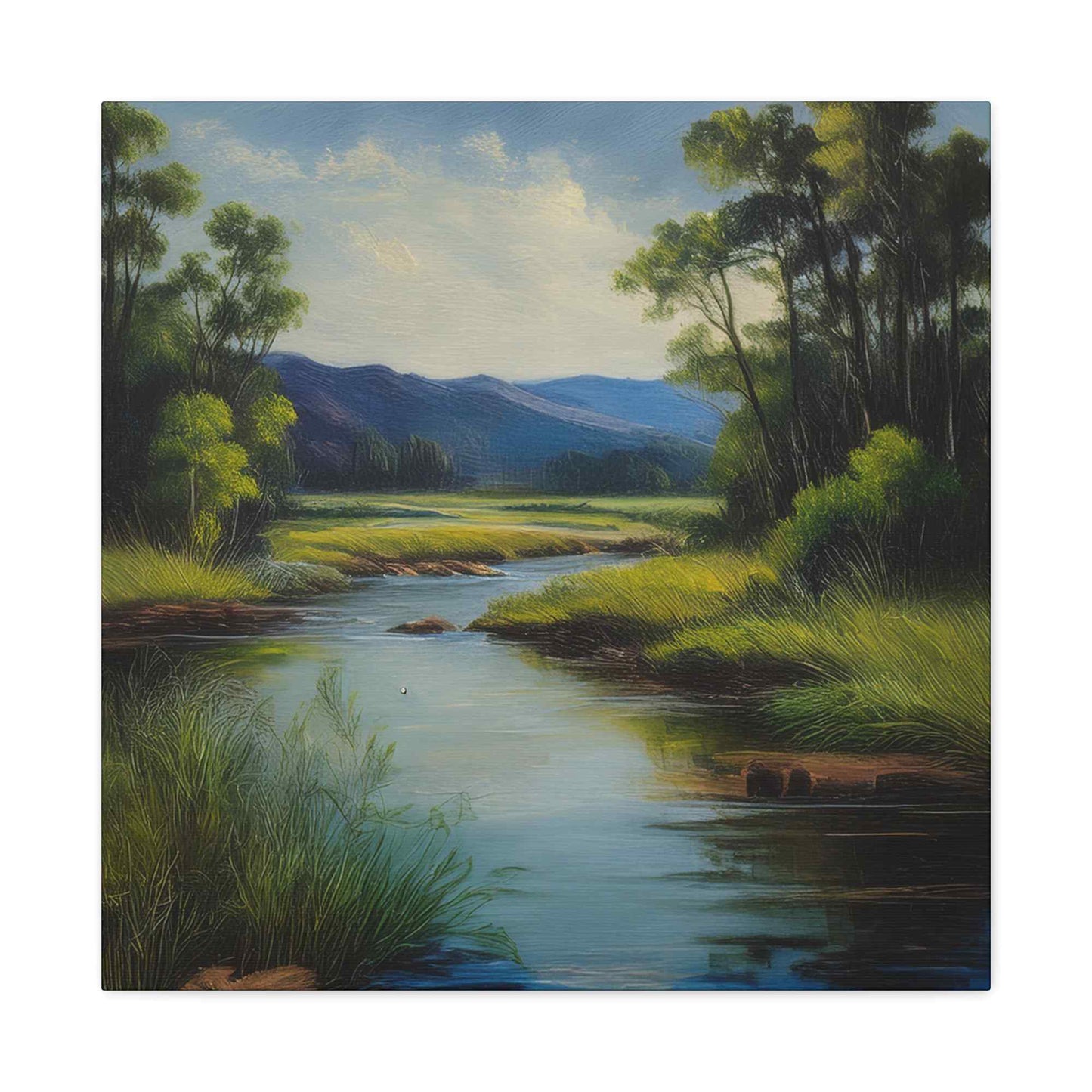 River Print Canvas, Landscape Oil Paint Print 20x20, 24x24, 30x30, 32x32, 36x36 Art Design Print Pine-Wood Inner Frame MC-54