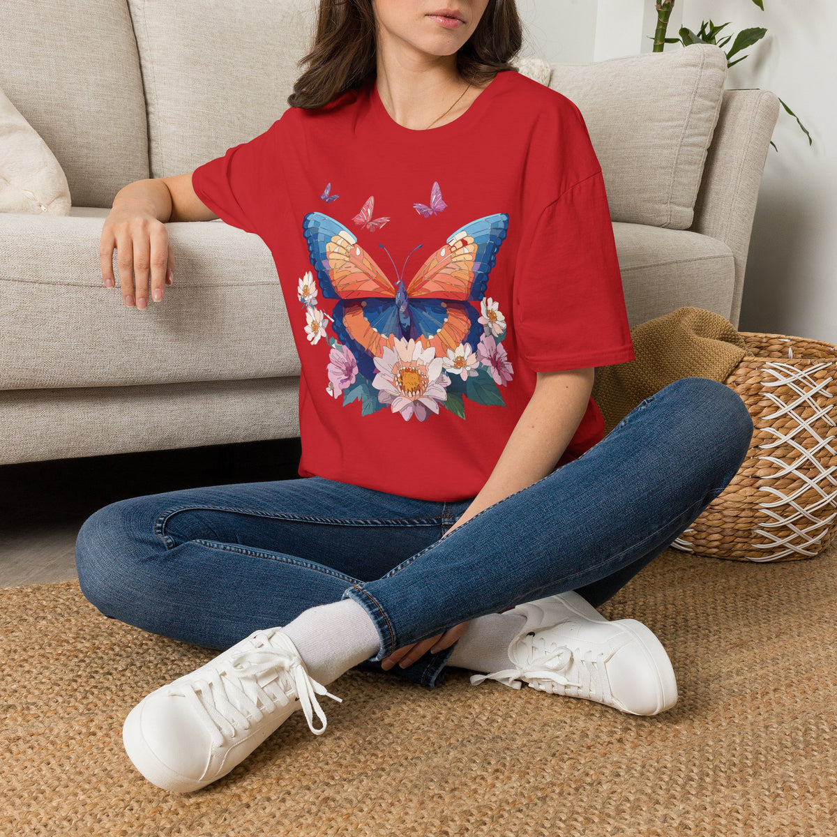 Butterfly Floral T-Shirt – Vibrant Orange & Blue Butterfly with Flowers Graphic Tee Unisex 100 Cotton Gildan T-Shirt