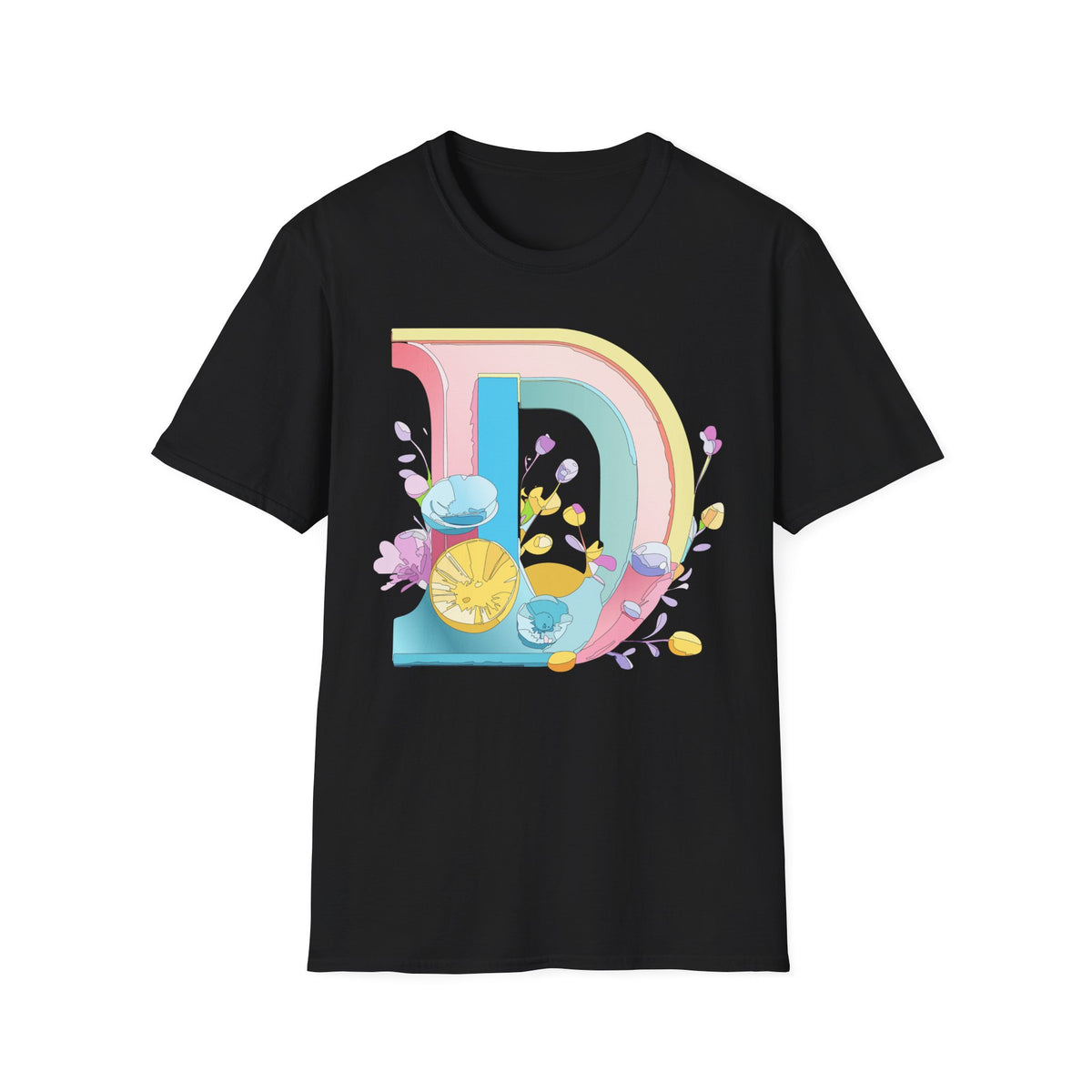 Retro Rainbow Letter D T-Shirt | Floral Lemon Initial Graphic