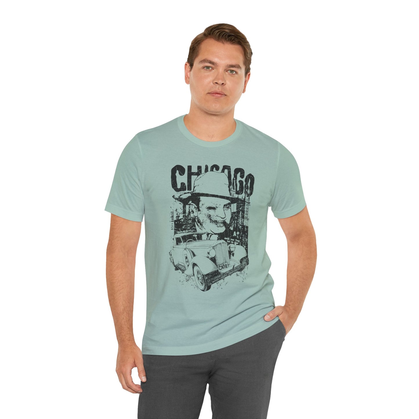 Chicago Retro Mobster Illustration Tee Vintage Car Cityscape Art Design T-Shirt A-8