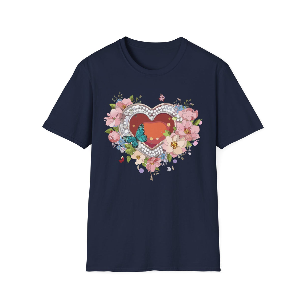 Heart with Floral Wreath and Butterfly T-Shirt | Romantic Floral Tee