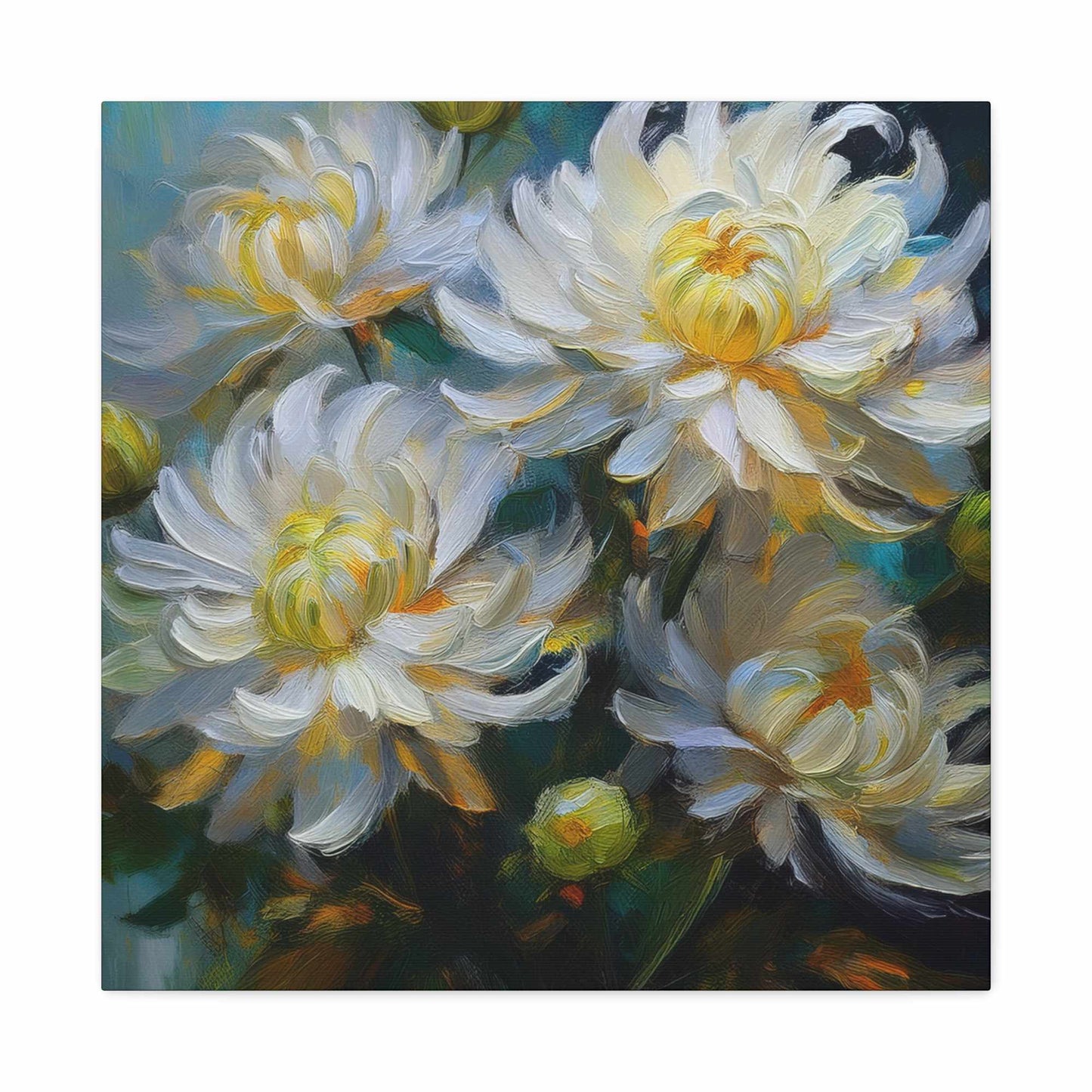Chrysanthemums Print Canvas, Floral Oil Paint Print 20x20, 24x24, 30x30, 32x32, 36x36 Art Design Pine-Wood Inner Frame MC-159