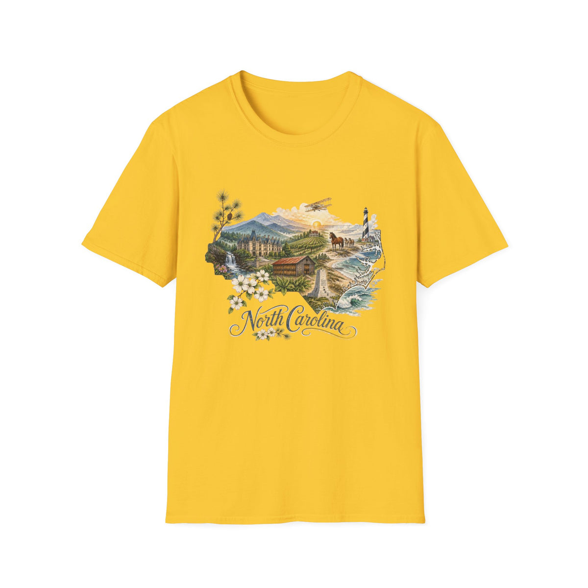 North Carolina State Travel Tourist Graphic Design Unisex 100 Cotton Gildan T-Shirt