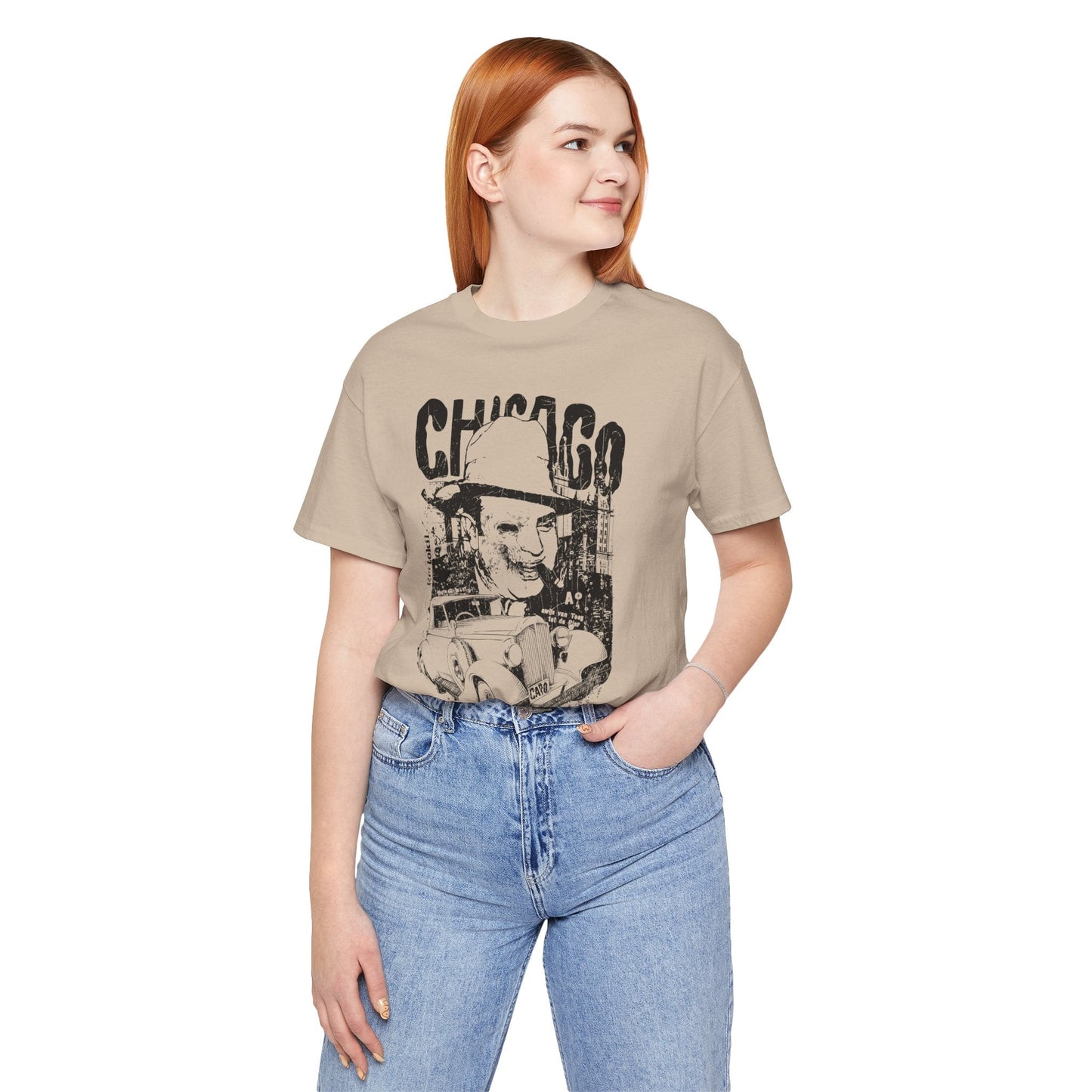 Chicago Retro Mobster Illustration Tee Vintage Car Cityscape Art Design T-Shirt A-8