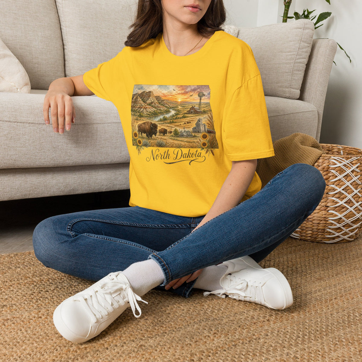 North Dakota State Travel Tourist Graphic Design Unisex 100 Cotton Gildan T-Shirt