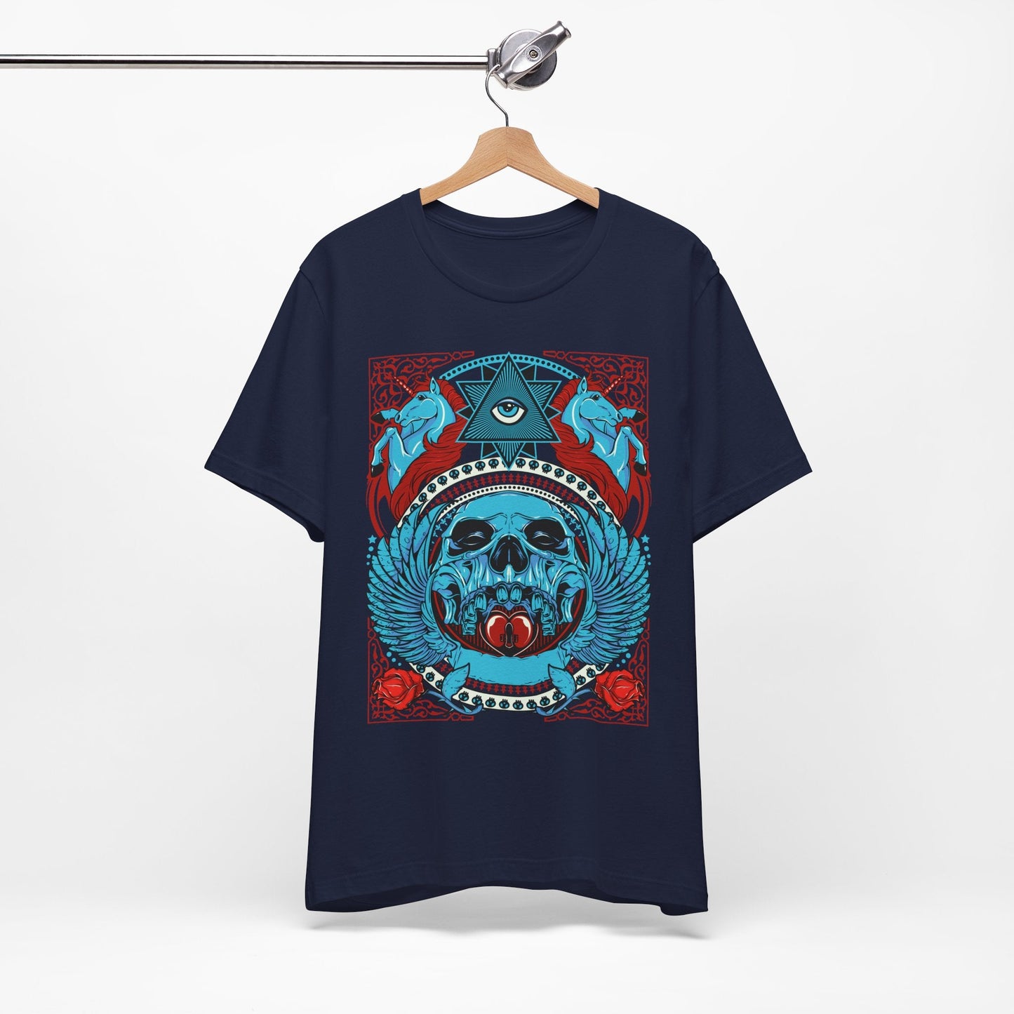 All-Seeing Skull Illustration Tee Winged Skull Third Eye Roses T-Shirt