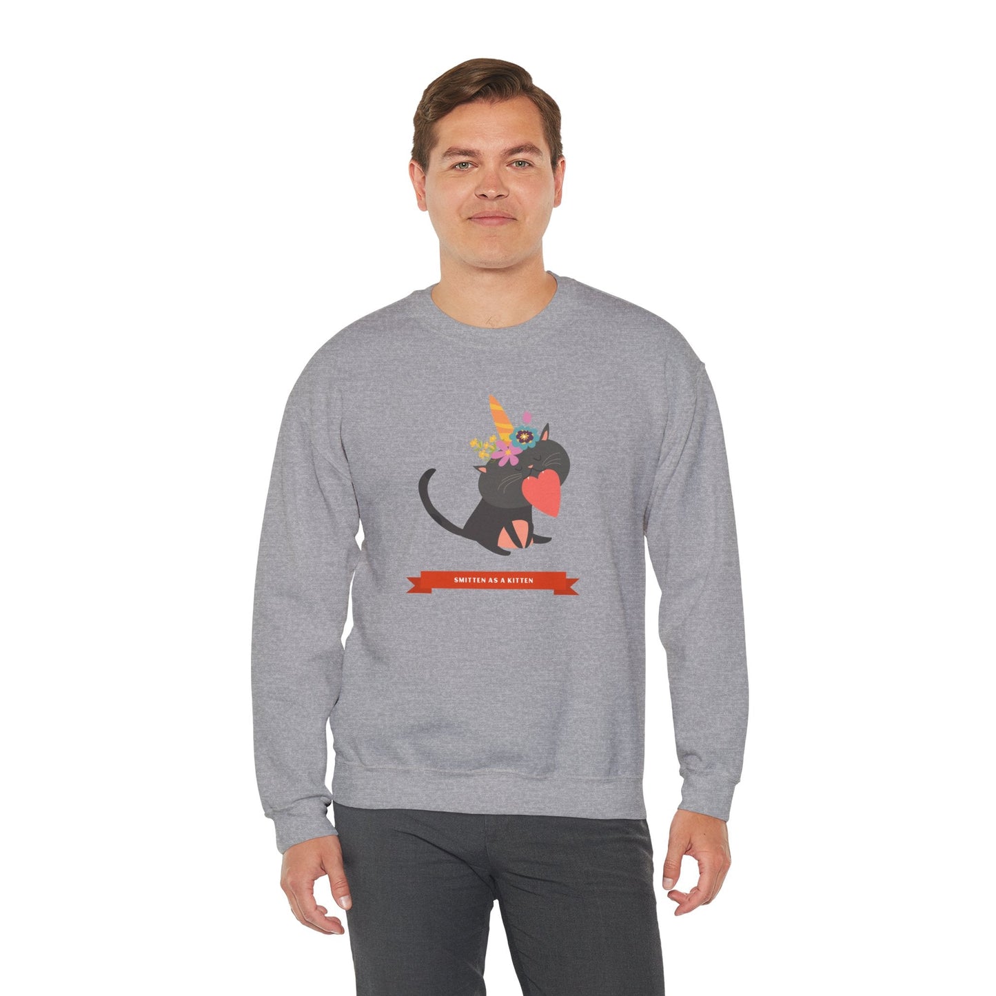 Cat Heart Sweatshirt Unisex Valentine Gift 50/50 Cotton-Poly Crewneck Gildan 18000