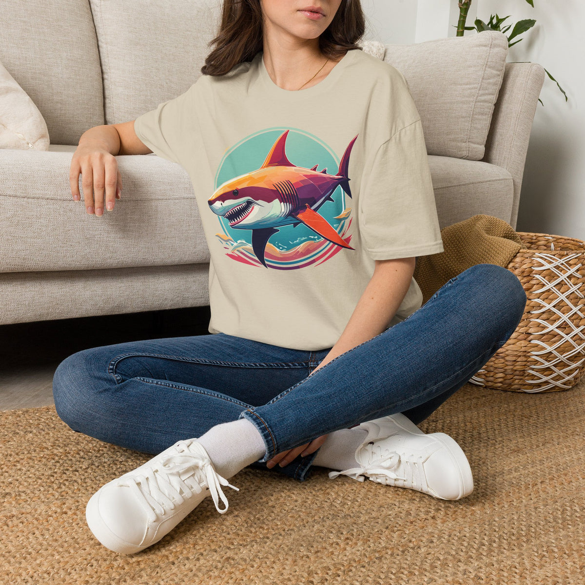 Colorful Great White Shark Illustration T-Shirt | Ocean Retro Graphic