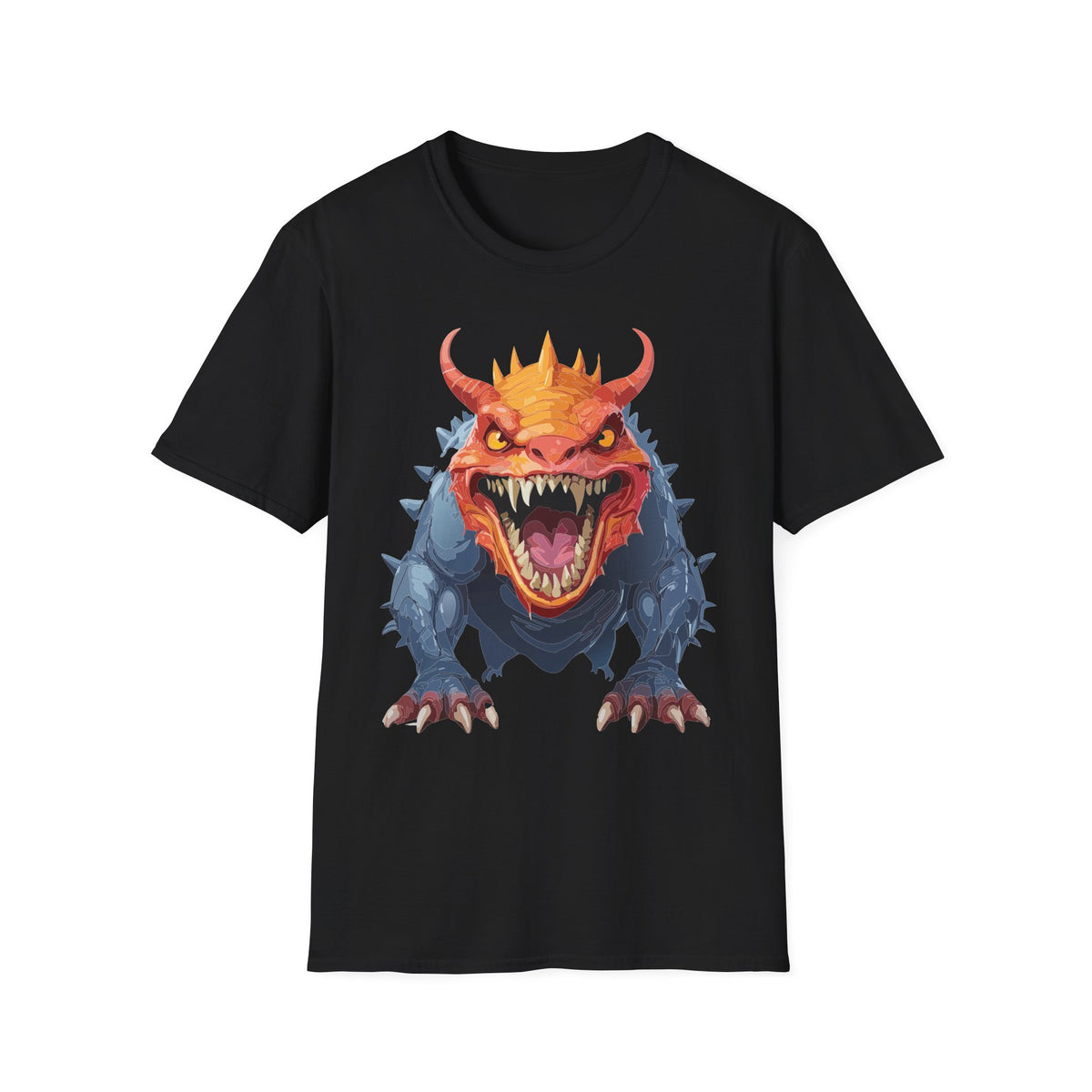 Dragon Monster T-Shirt — Fierce Orange & Blue Fantasy Creature Cartoon Graphic Tee Unisex 100 Cotton Gildan T-Shirt