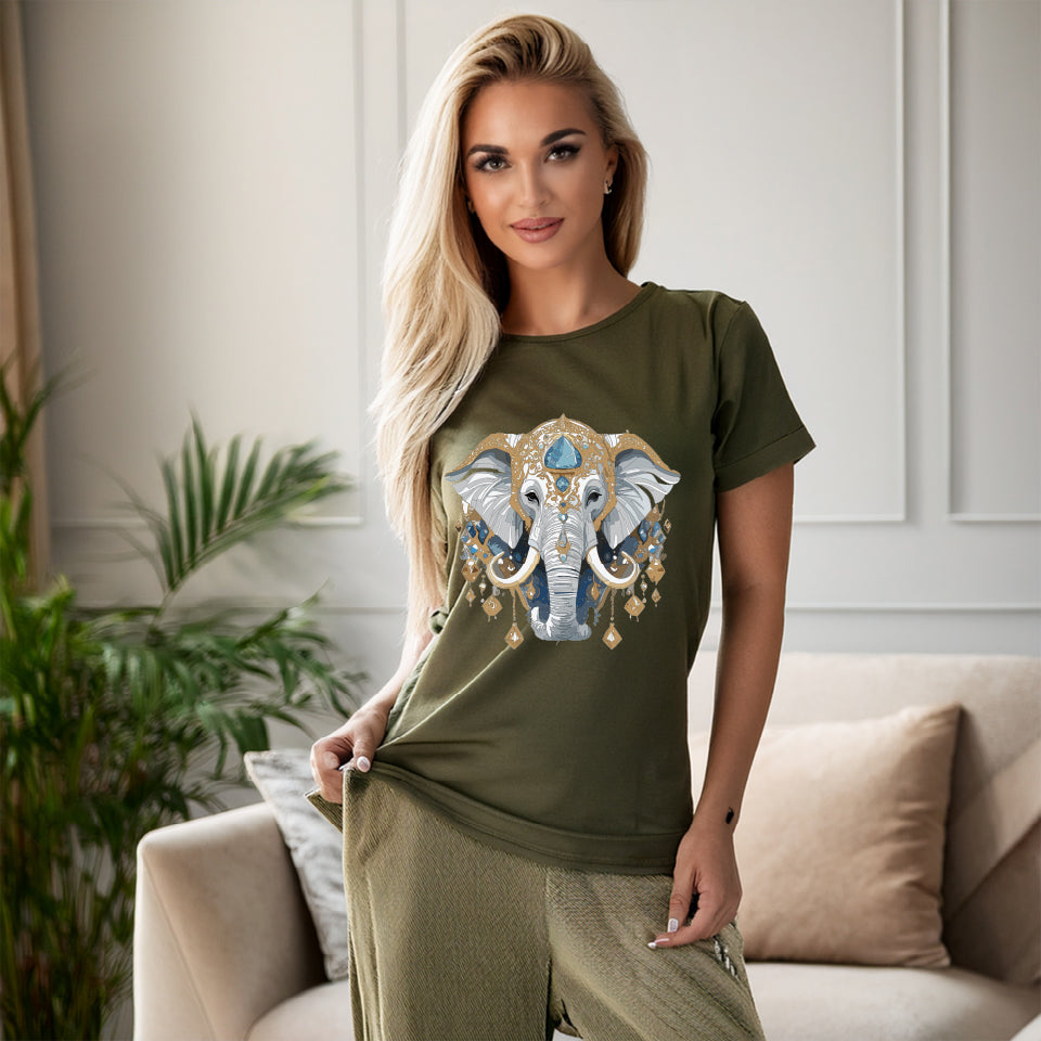 Elephant Graphic Unisex 100 Cotton Tee With Unique Animal Golden Medallion Art Design 40