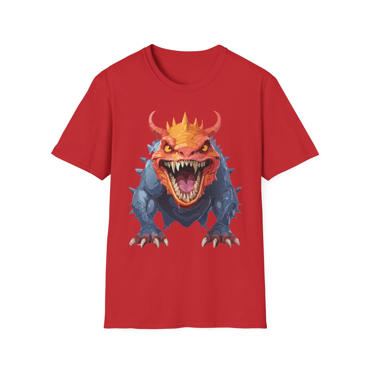 Dragon Monster T-Shirt — Fierce Orange & Blue Fantasy Creature Cartoon Graphic Tee Unisex 100 Cotton Gildan T-Shirt